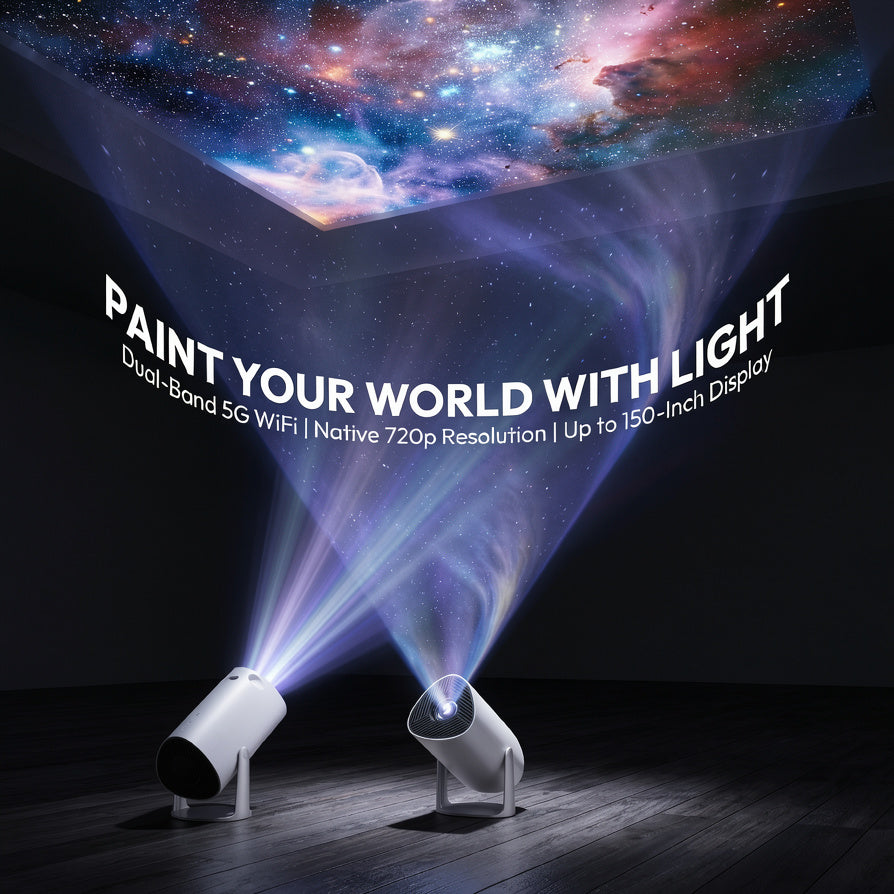 Portable Smart Projector with Native 720P, Supports 1080P Video Decoding, Android 11, 180° Rotatable Stand,  Upto 100-Inch Display, Bluetooth 5.0, Built-in Dual Speakers, Home Theater Projector