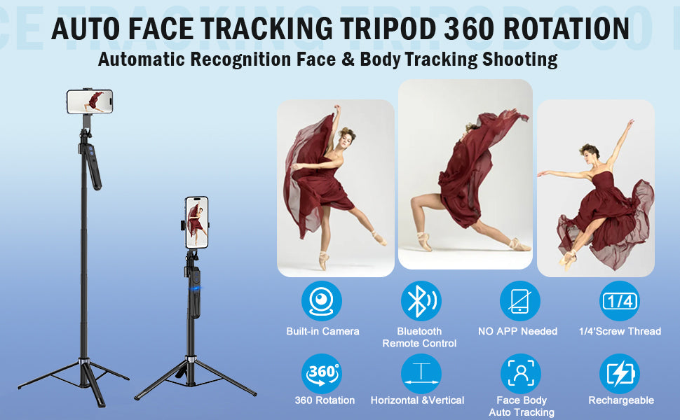 AI-Powered Selfie Stick for Mobile, Auto Face Tracking Tripod with 360° Auto Rotating Selfie Stick, 64-inch/163cm Long Aluminum Extension for Mobile & Camera with Quad-Leg Stability