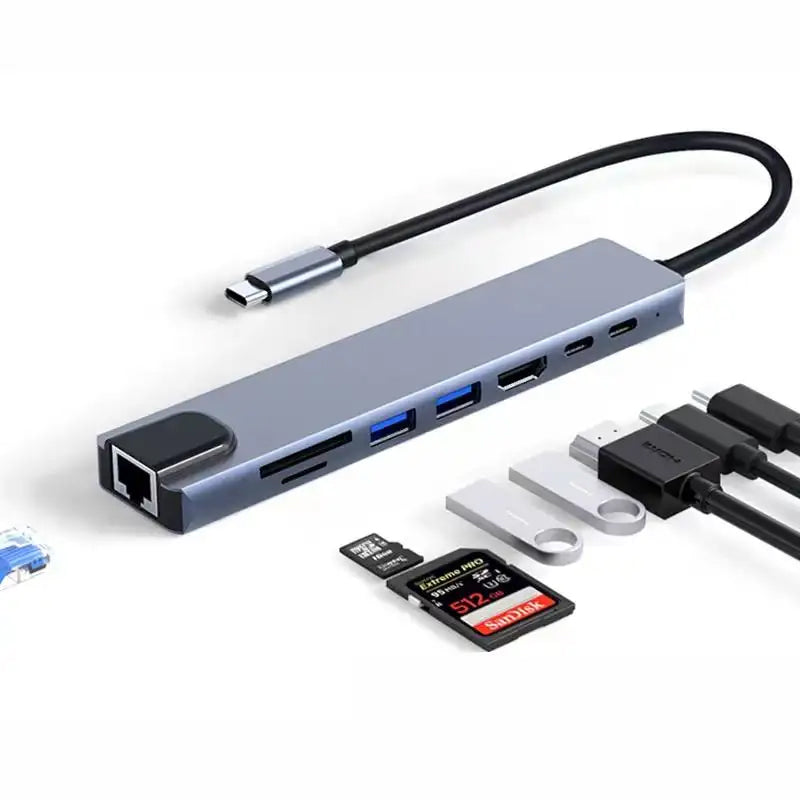 USB-C Hub Dock 8-in-1 HDCP Aluminium Type-C Adapter with 4K HDMI Port, Ethernet 100mbps Port, USB 3.0 Port, USB-C Power Delivery, TF/SD Card Reader, Mac & Windows USB-C Devices