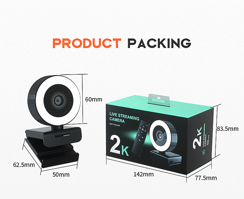 Web Camera 2K Ultra HD Lens with Microphone USB Web Cam for Laptop PC with Ring Light and Remote Control, Dual Mic, 8X Digital Zoom, Privacy Cover Web Cameras for Desktop