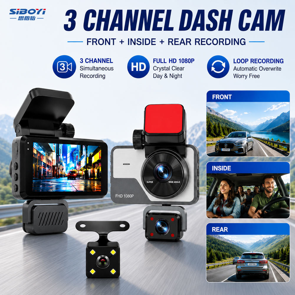 3 Channel Car Dash Camera 1080P Full HD, Front Inside & Rear Recording, Loop Recording, Low Light Night Recording, Wide Angle Lens, 3 Channel Simultaneous Recording, Supports Up to 128GB Class 10 SD Card