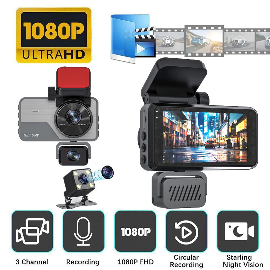3 Channel Car Dash Camera 1080P Full HD, Front Inside & Rear Recording, Loop Recording, Low Light Night Recording, Wide Angle Lens, 3 Channel Simultaneous Recording, Supports Up to 128GB Class 10 SD Card