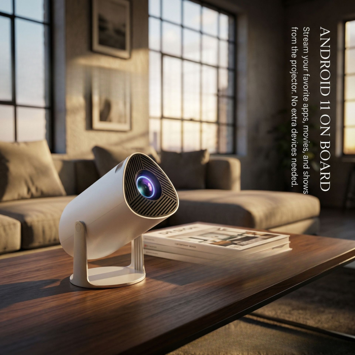 Portable Smart Projector with Native 720P, Supports 1080P Video Decoding, Android 11, 180° Rotatable Stand,  Upto 100-Inch Display, Bluetooth 5.0, Built-in Dual Speakers, Home Theater Projector