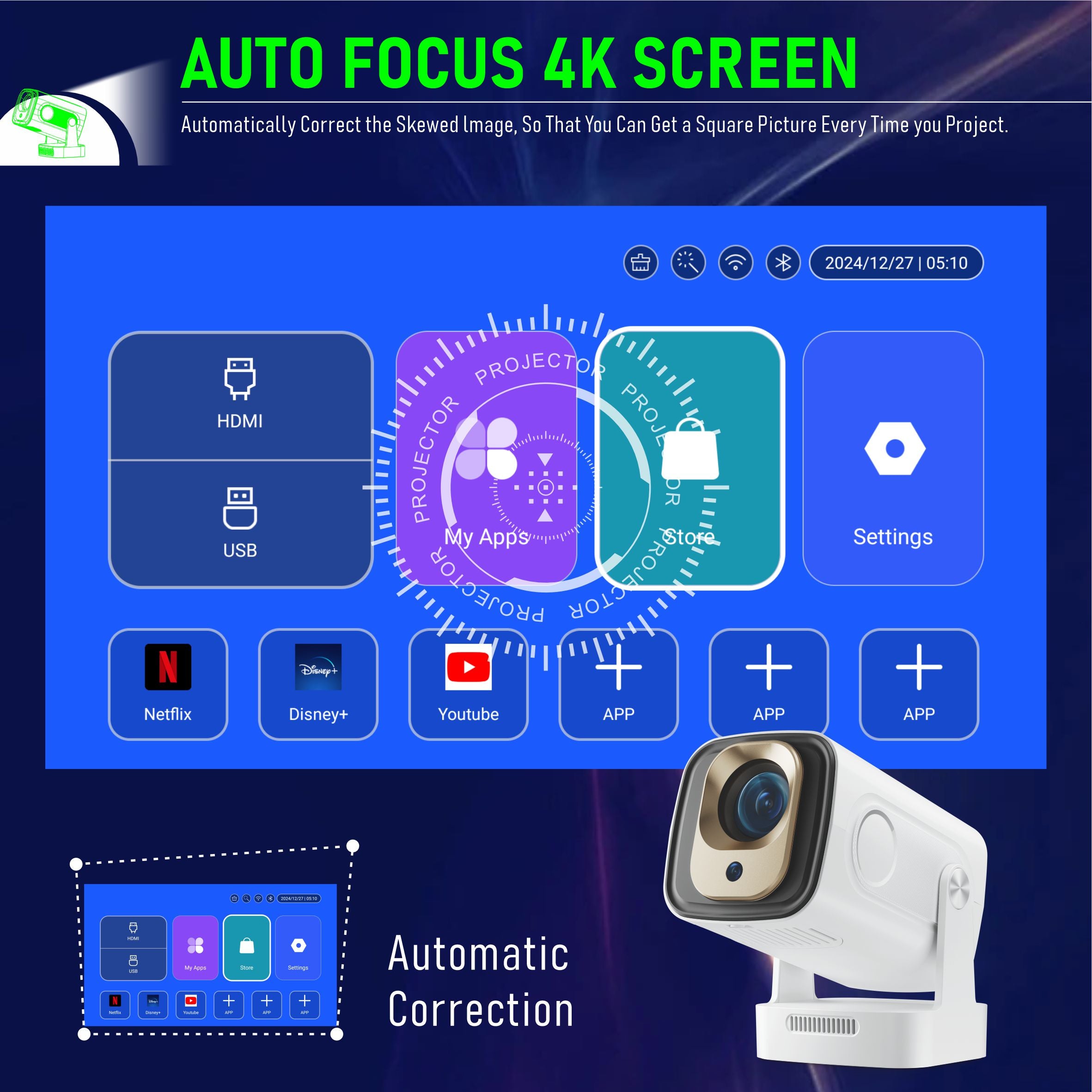 1080p Native Mini Smart Projector with 4K Support, Portable Projector with Wifi 6 and Bluetooth 5.4, 5W Speaker, Built in Apps, Voice Control, Outdoor Movie Projector