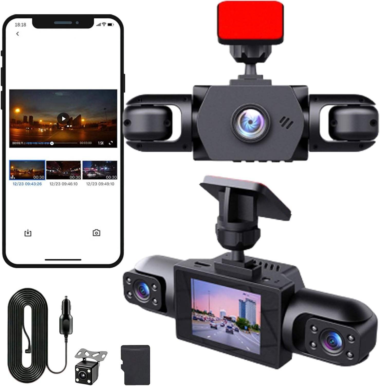 4 Channel 1080P Car Dash Camera with, 4 Camera View, Low Light Recording, 3.0" Display, Loop Recording, Collision Detection, Supports Up to 128GB Class 10 SD Card