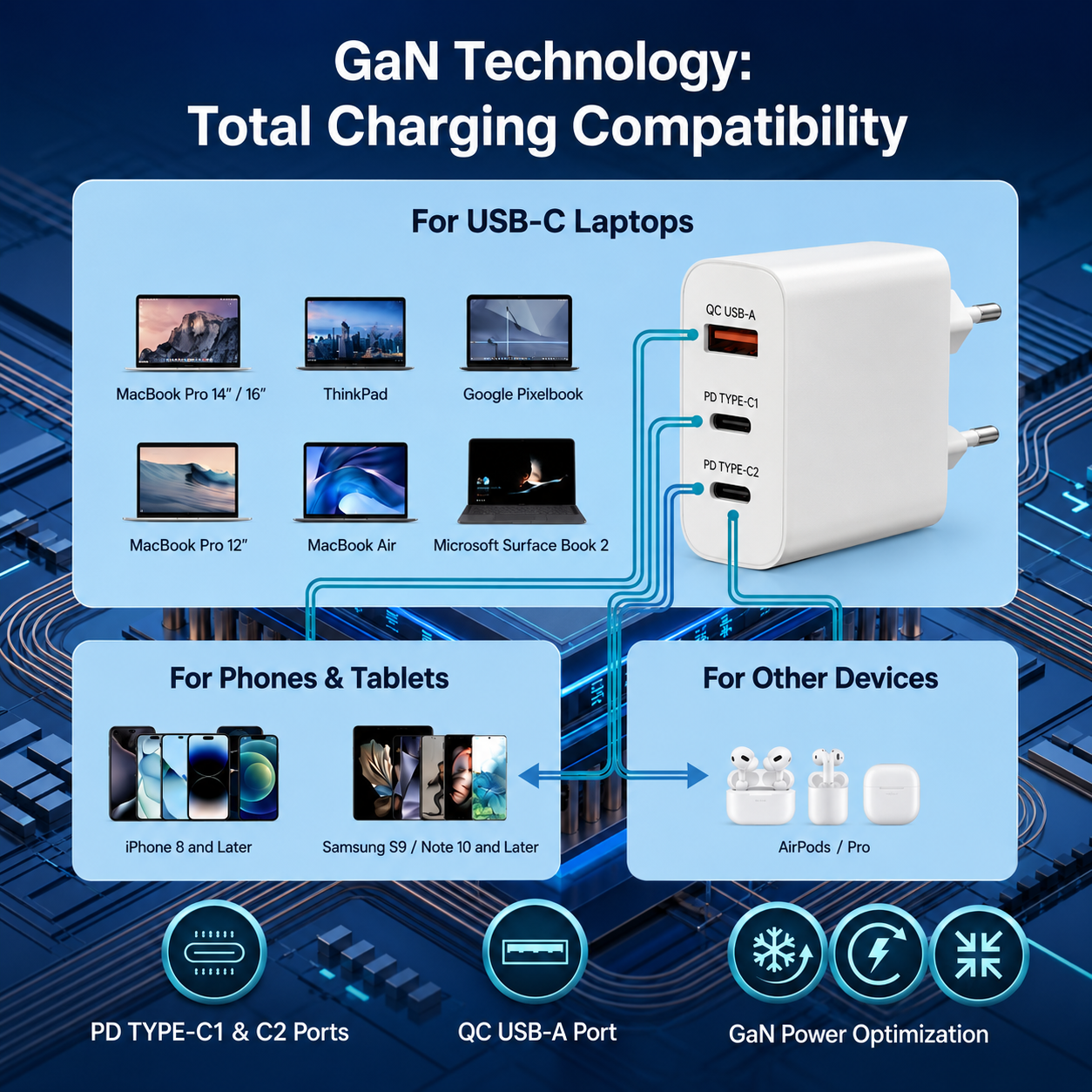 65W Triple Port Fast Charging Laptop Adaptor