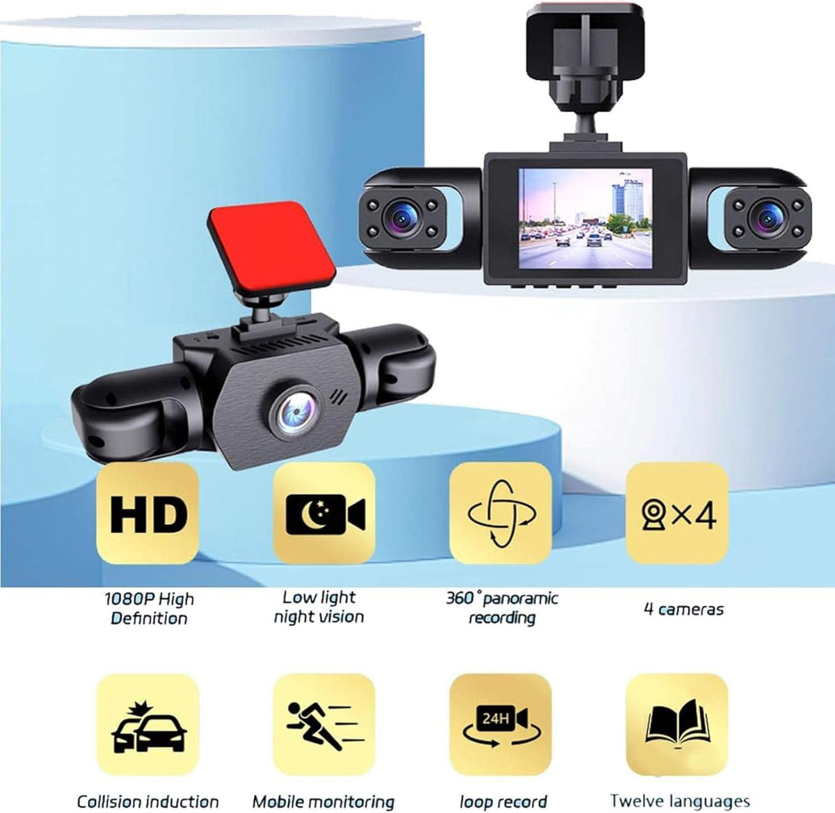 4 Channel 1080P Car Dash Camera with, 4 Camera View, Low Light Recording, 3.0" Display, Loop Recording, Collision Detection, Supports Up to 128GB Class 10 SD Card