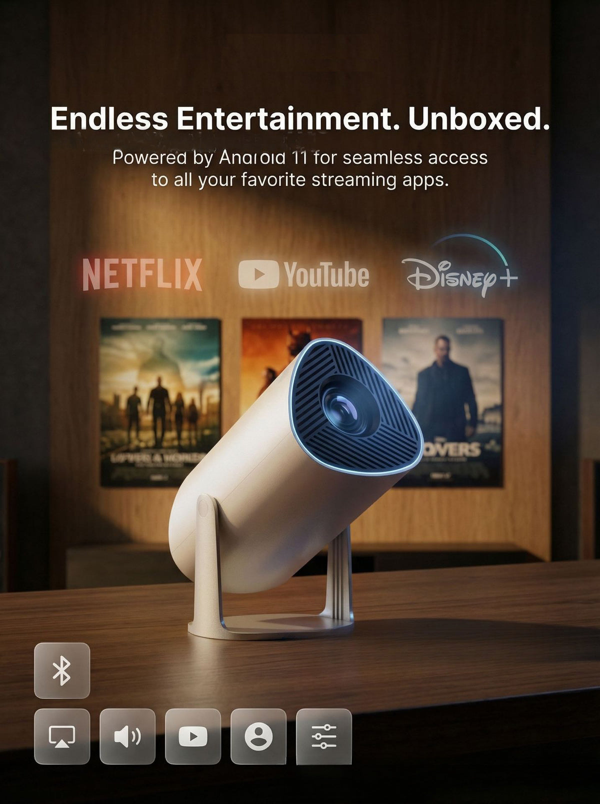 Portable Smart Projector with Native 720P, Supports 1080P Video Decoding, Android 11, 180° Rotatable Stand,  Upto 100-Inch Display, Bluetooth 5.0, Built-in Dual Speakers, Home Theater Projector