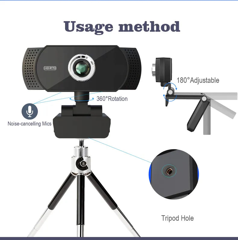 TECHNOVIEW Full HD Web Camera for Computer, Laptop, 1080p 60 FPS Webcam with Built-in Mics, Manual Focus, 2.1 Megapixel CMOS Camera, Ultra Lens, 360° Rotation, Flexible Mount (Black)