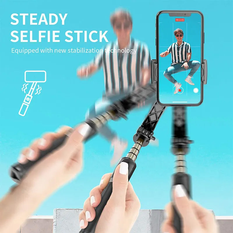 Q08 Mini Gimbal Anti-Shake 1-Axis Stabilizer Extendable Selfie Stick Tripod, Wireless Remote for Smartphone, Black