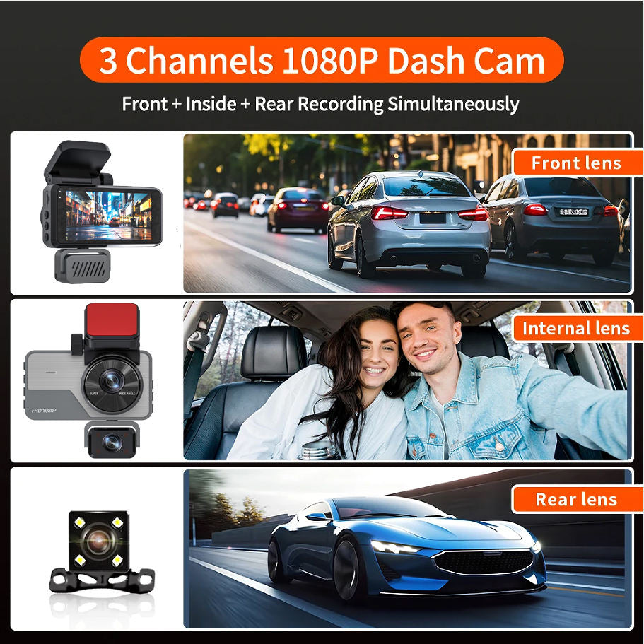 3 Channel Car Dash Camera 1080P Full HD, Front Inside & Rear Recording, Loop Recording, Low Light Night Recording, Wide Angle Lens, 3 Channel Simultaneous Recording, Supports Up to 128GB Class 10 SD Card