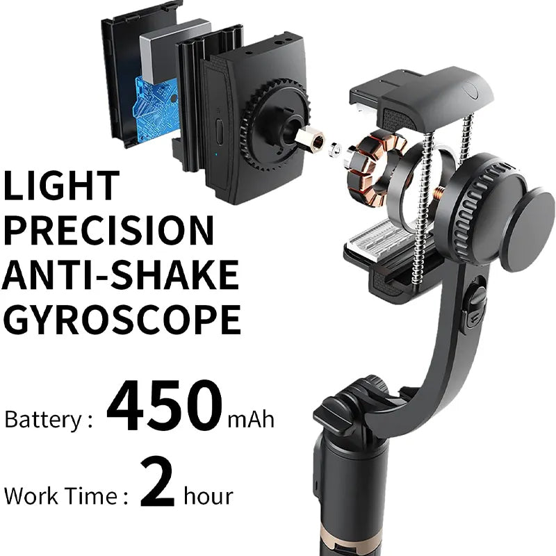 Q08 Mini Gimbal Anti-Shake 1-Axis Stabilizer Extendable Selfie Stick Tripod, Wireless Remote for Smartphone, Black