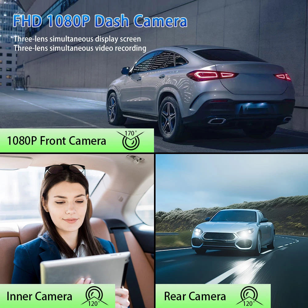 3 Channel Car Dash Camera 1080P Full HD, Front Inside & Rear Recording, Loop Recording, Low Light Night Recording, Wide Angle Lens, 3 Channel Simultaneous Recording, Supports Up to 128GB Class 10 SD Card