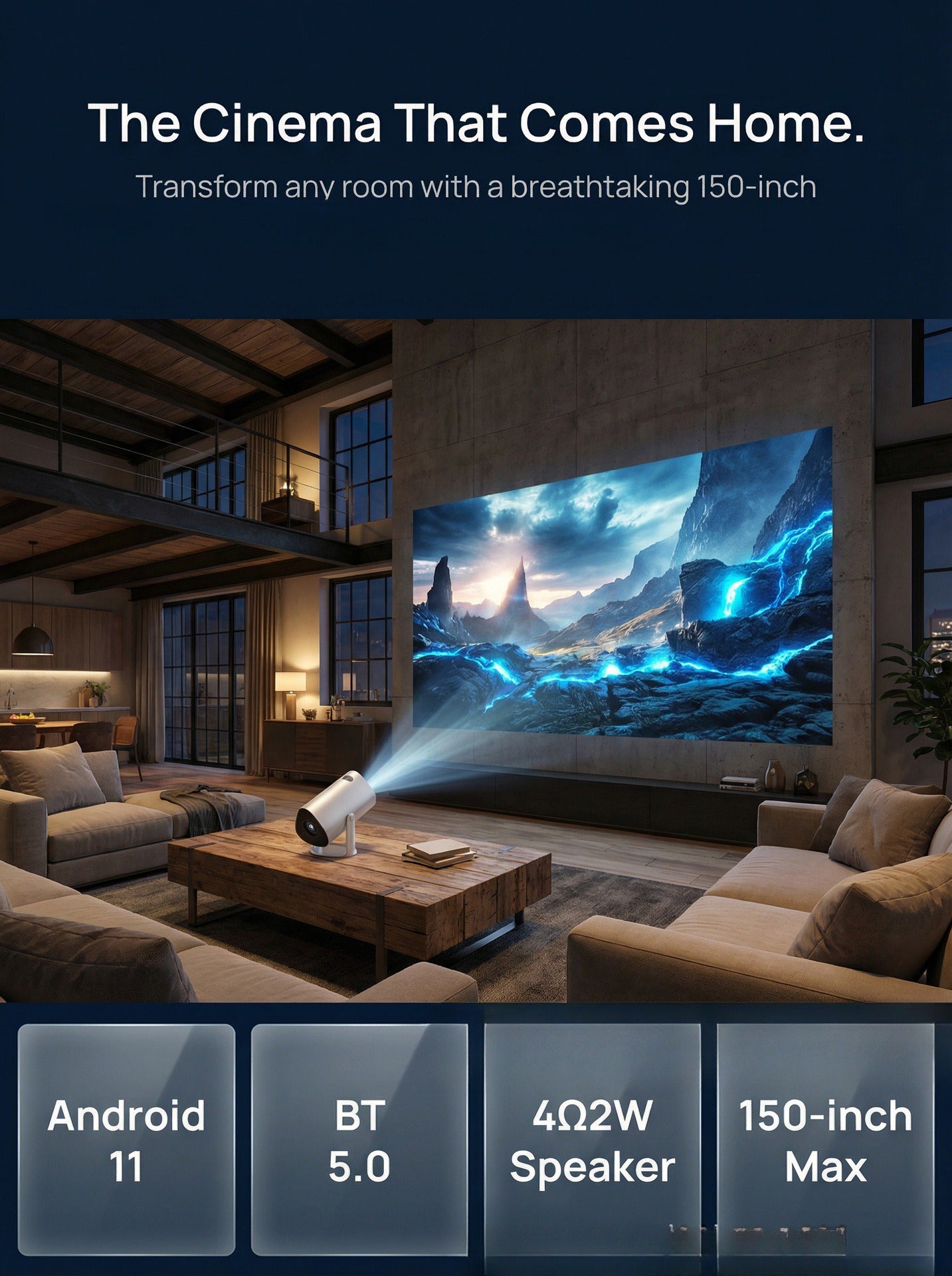 Portable Smart Projector with Native 720P, Supports 1080P Video Decoding, Android 11, 180° Rotatable Stand,  Upto 100-Inch Display, Bluetooth 5.0, Built-in Dual Speakers, Home Theater Projector