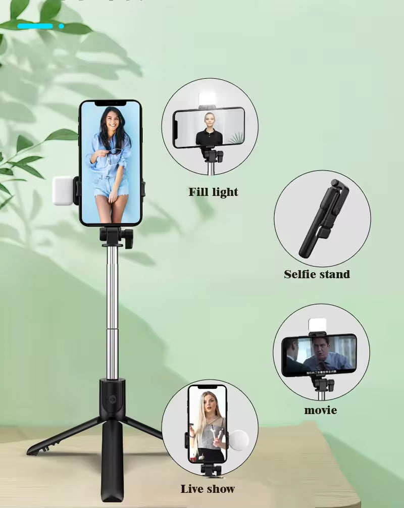 Selfie Stick Tripod With Light, 67 inch/170CM Reinforced Tripod for Mobile Phone, Multi-Functional Bluetooth Long Selfie Stick for Travel, Vlogging, Compatible with iPhone and All Smartphones