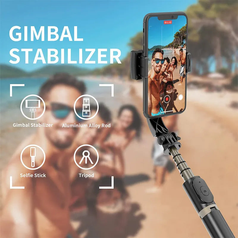 Q08 Mini Gimbal Anti-Shake 1-Axis Stabilizer Extendable Selfie Stick Tripod, Wireless Remote for Smartphone, Black