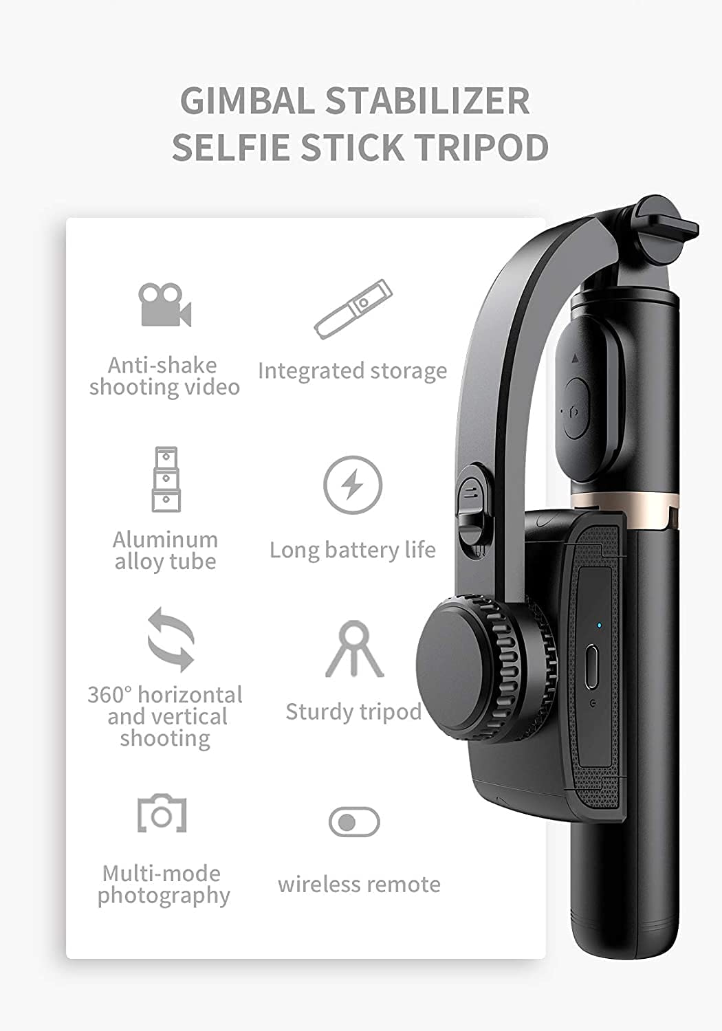 Q08 Mini Gimbal Anti-Shake 1-Axis Stabilizer Extendable Selfie Stick Tripod, Wireless Remote for Smartphone, Black
