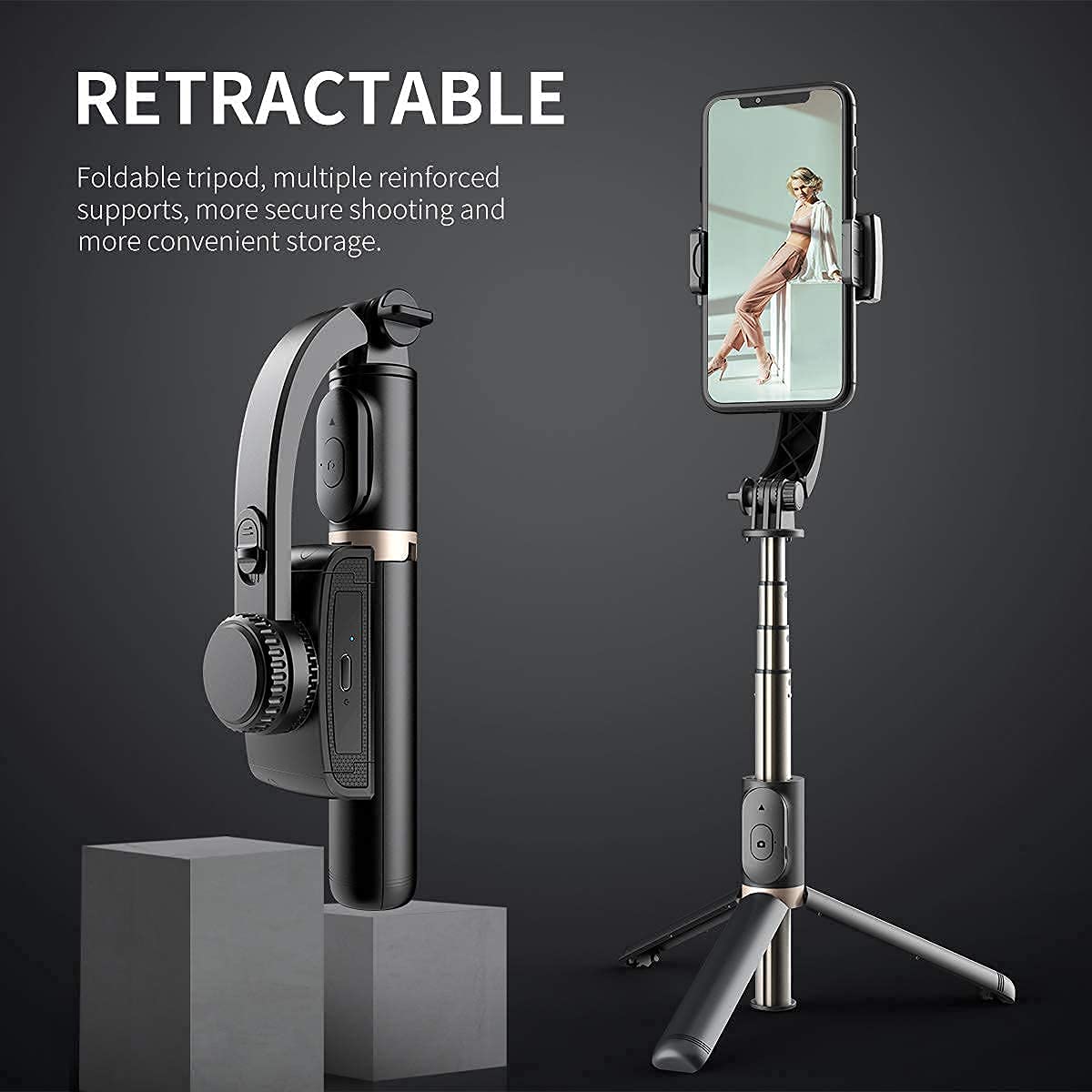 Q08 Mini Gimbal Anti-Shake 1-Axis Stabilizer Extendable Selfie Stick Tripod, Wireless Remote for Smartphone, Black