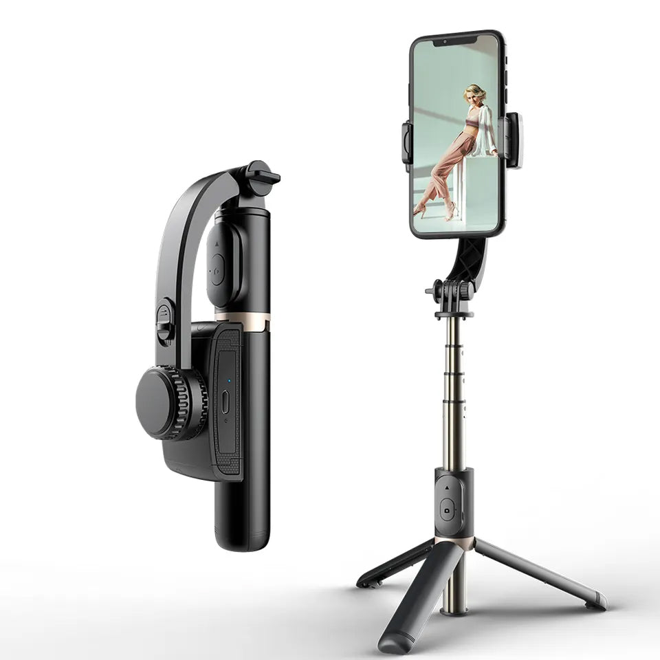 Q08 Mini Gimbal Anti-Shake 1-Axis Stabilizer Extendable Selfie Stick Tripod, Wireless Remote for Smartphone, Black