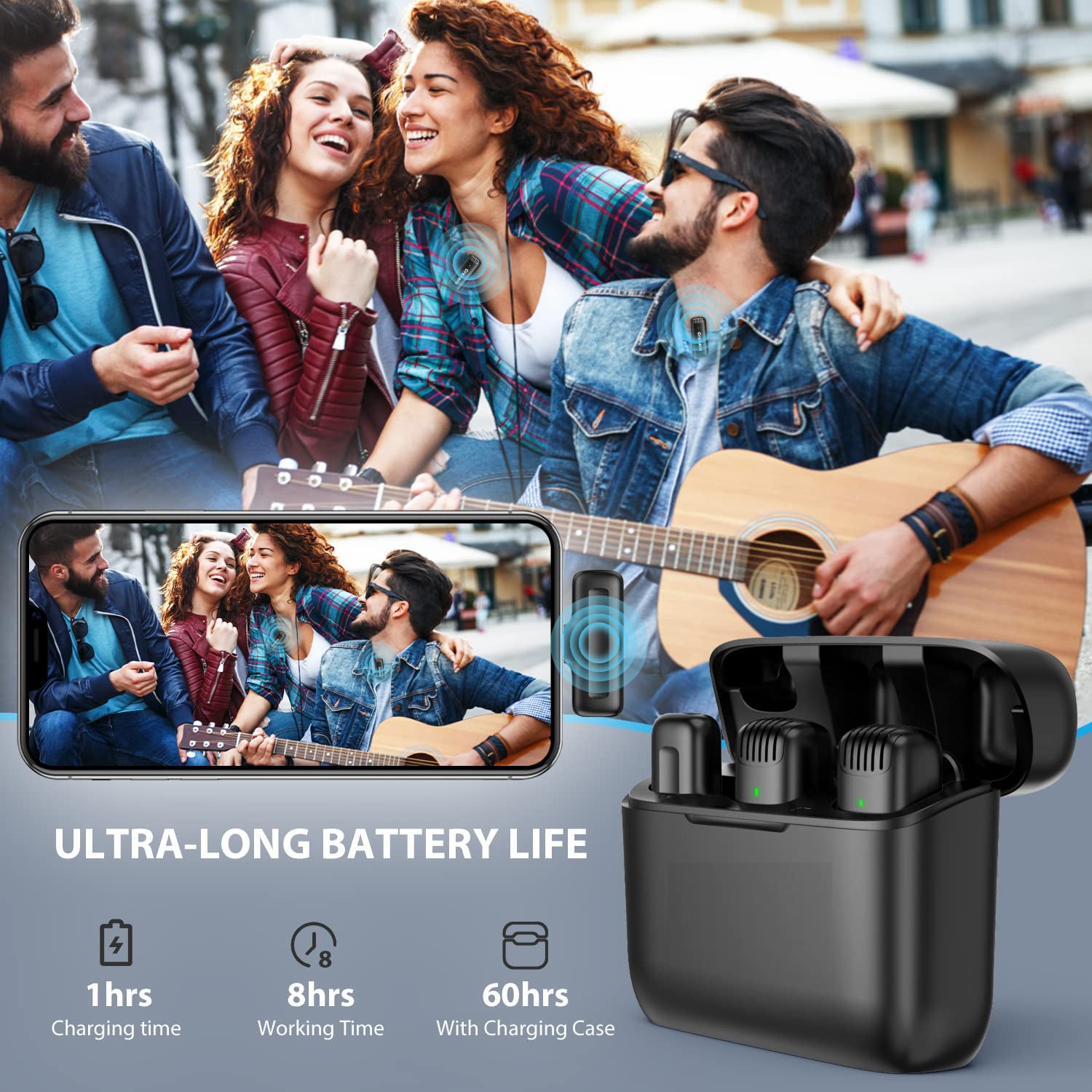 J13 Wireless Mic for YouTube, 3-Level Adjustable Mic Noise Reduction Lapel Mic with Charging Case, Wireless Mic for Video Recording, YouTube, Facebook, Video Production (Double, Universal)