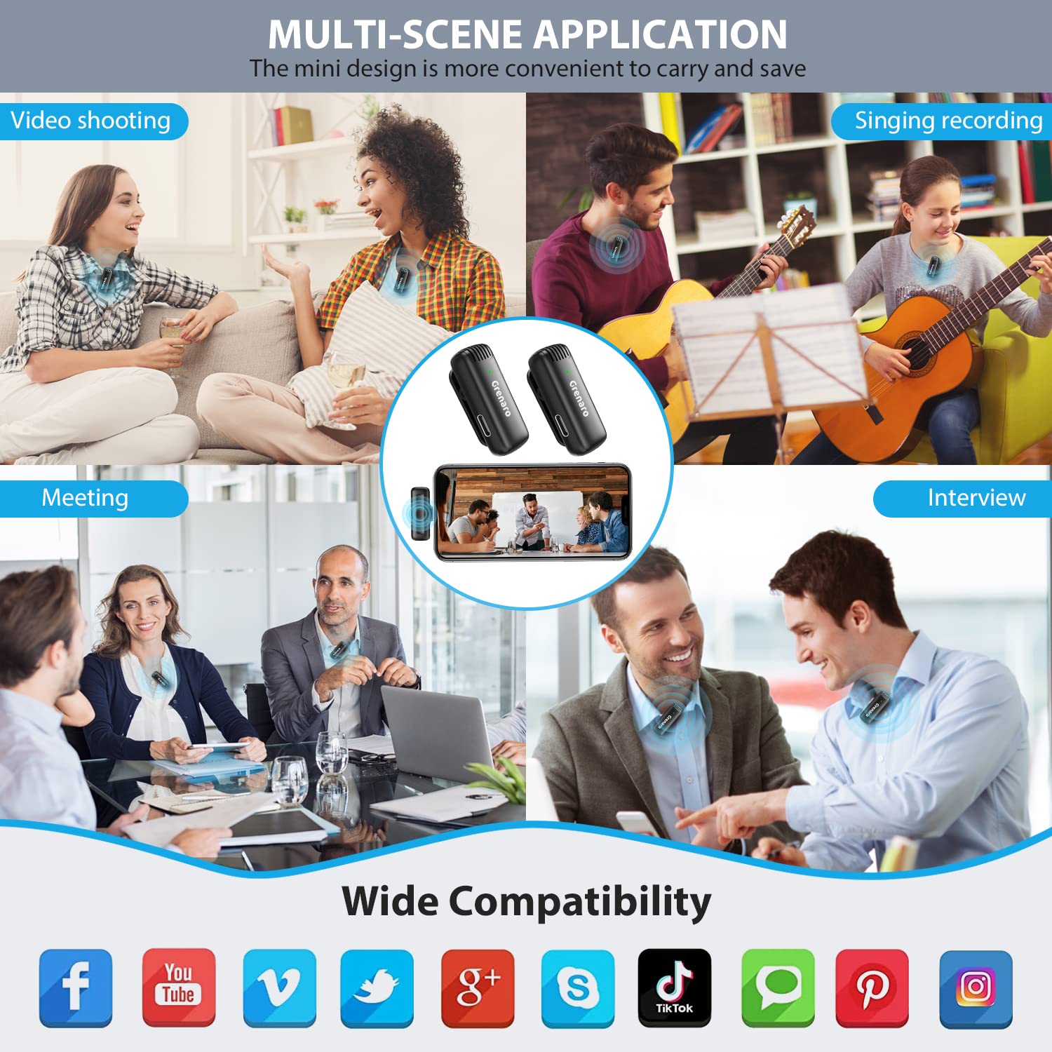 J13 Wireless Mic for YouTube, 3-Level Adjustable Mic Noise Reduction Lapel Mic with Charging Case, Wireless Mic for Video Recording, YouTube, Facebook, Video Production (Double, Universal)