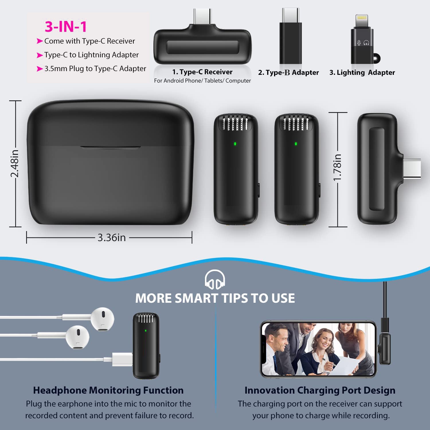 J13 Wireless Mic for YouTube, 3-Level Adjustable Mic Noise Reduction Lapel Mic with Charging Case, Wireless Mic for Video Recording, YouTube, Facebook, Video Production (Double, Universal)