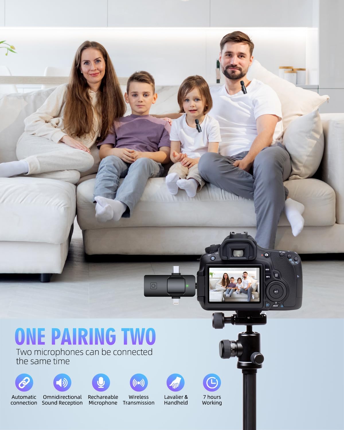 Wireless Microphone All-in-One 3-Port Mini Lavalier Mic – 2.4G Wireless, 20m Range, 1-Drag-1 Clip-On Lapel Mic for Smartphone, Camera, Vlogging, YouTube, Interviews & Content Creation (Single Mic)
