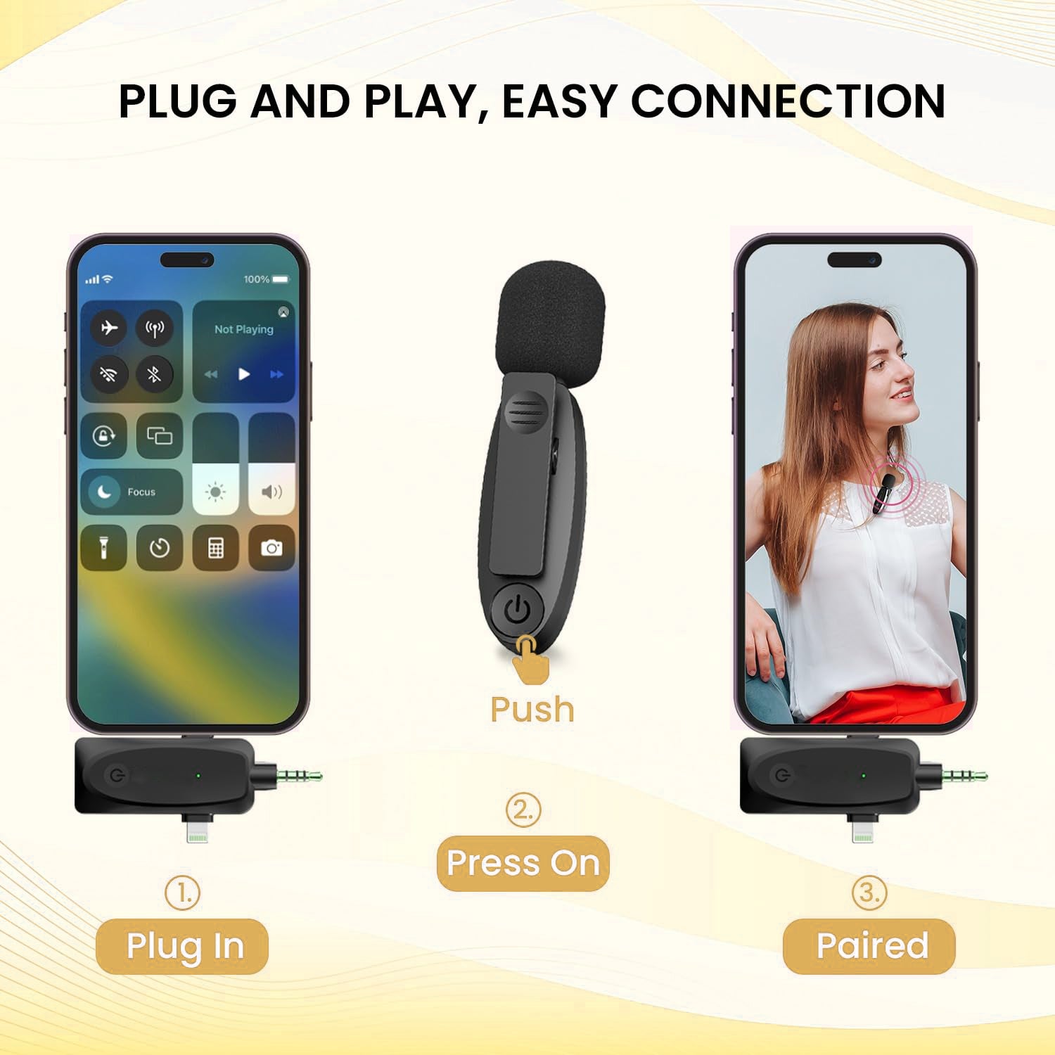 Wireless Microphone All-in-One 3-Port Mini Lavalier Mic – 2.4G Wireless, 20m Range, 1-Drag-1 Clip-On Lapel Mic for Smartphone, Camera, Vlogging, YouTube, Interviews & Content Creation (Single Mic)
