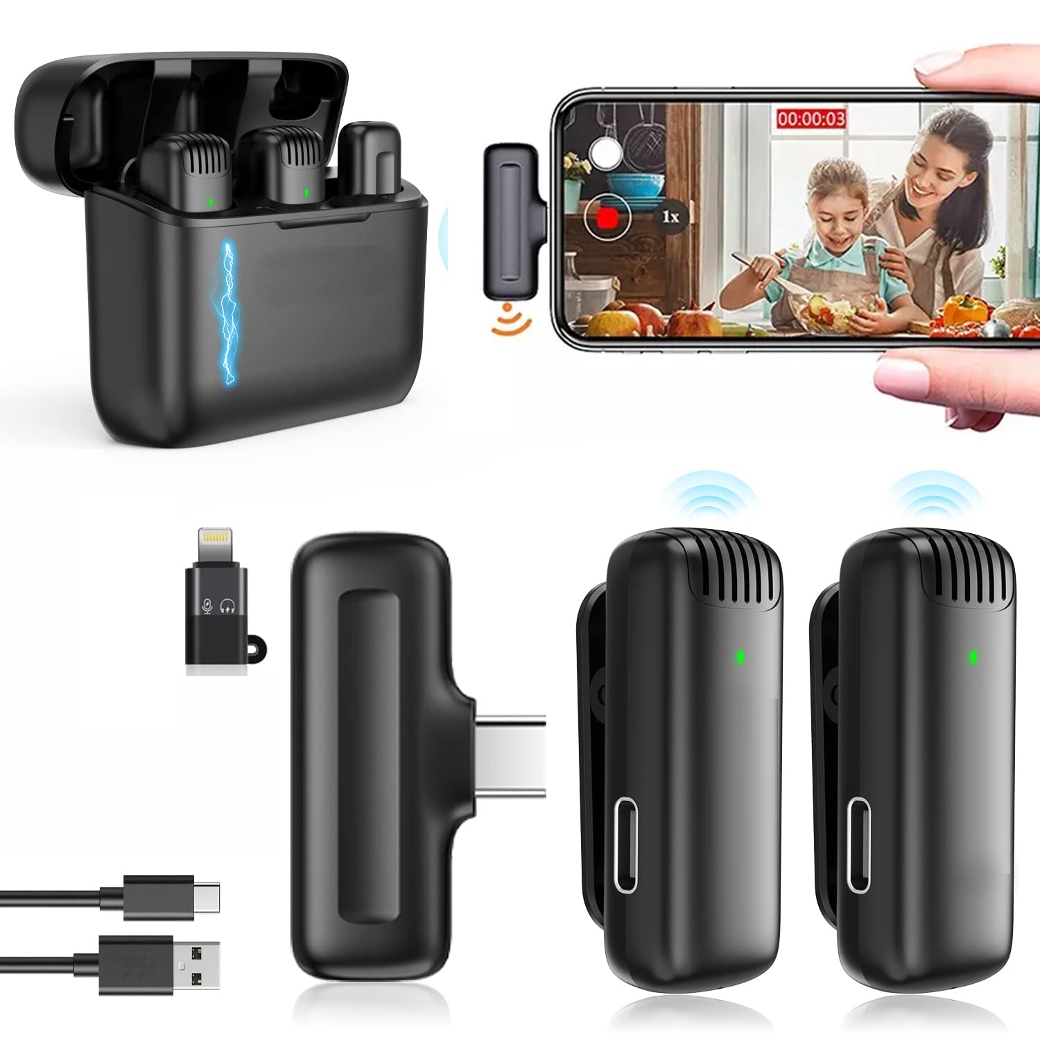 J13 Wireless Mic for YouTube, 3-Level Adjustable Mic Noise Reduction Lapel Mic with Charging Case, Wireless Mic for Video Recording, YouTube, Facebook, Video Production (Double, Universal)