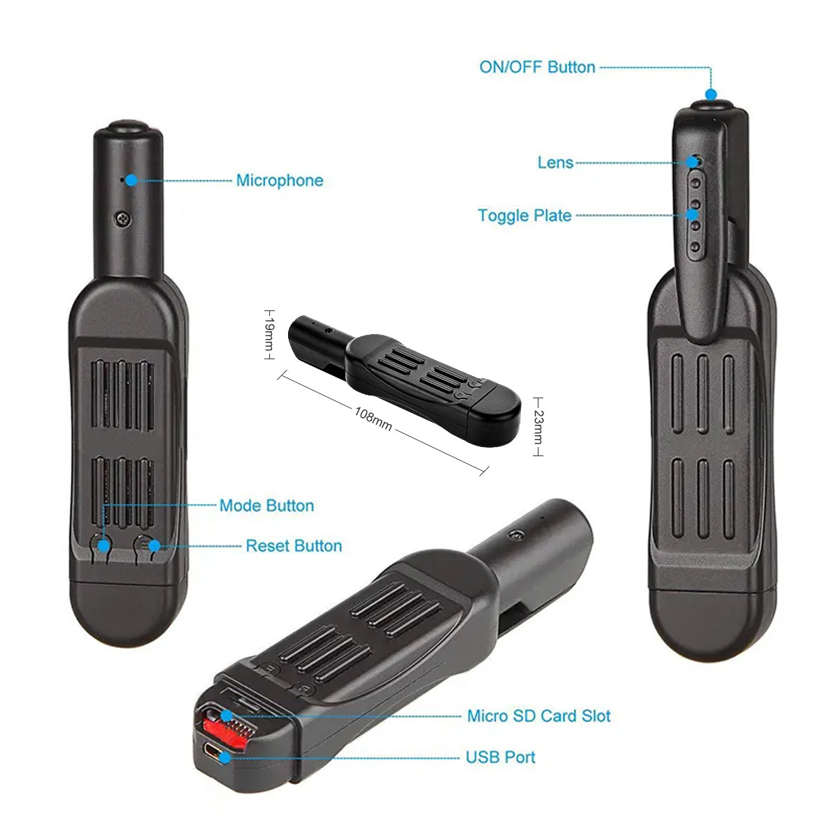 1080P Mini Clip-On Camera with Audio | Portable USB Rechargeable Camera with One-Click Recording & TF Card Support