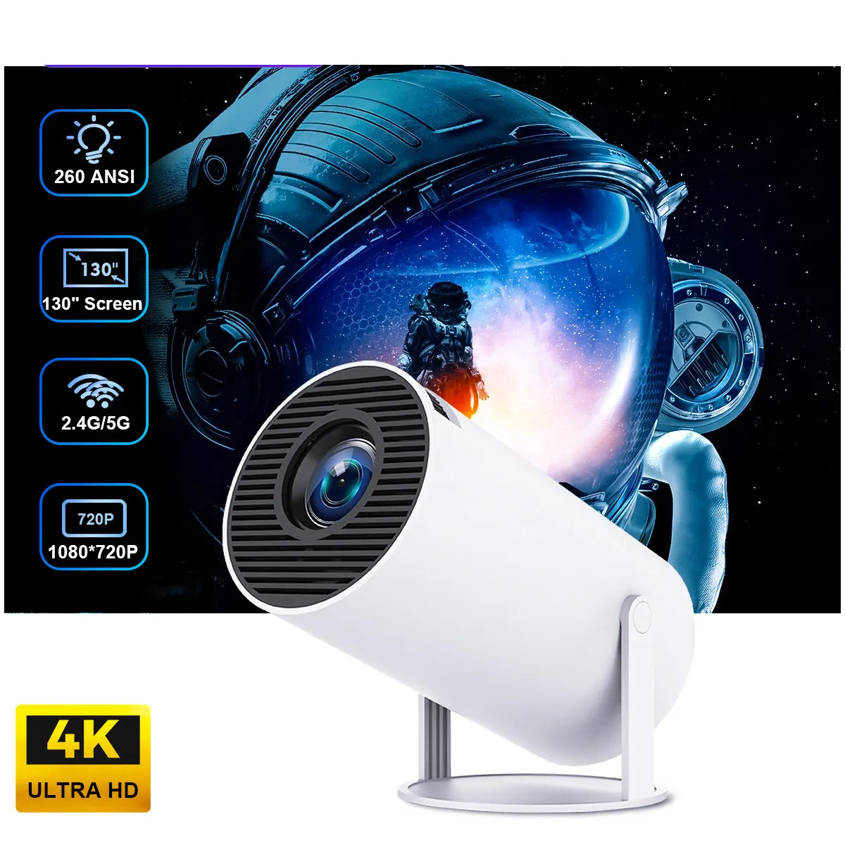 Mini Smart Projector with WiFi 6 & Bluetooth 5.0, Native 720P HD Portable Projector, 4K Video Support, 130 Inch Screen, Wireless Mobile Screen Mirroring for Home Theater, Movies & Gaming