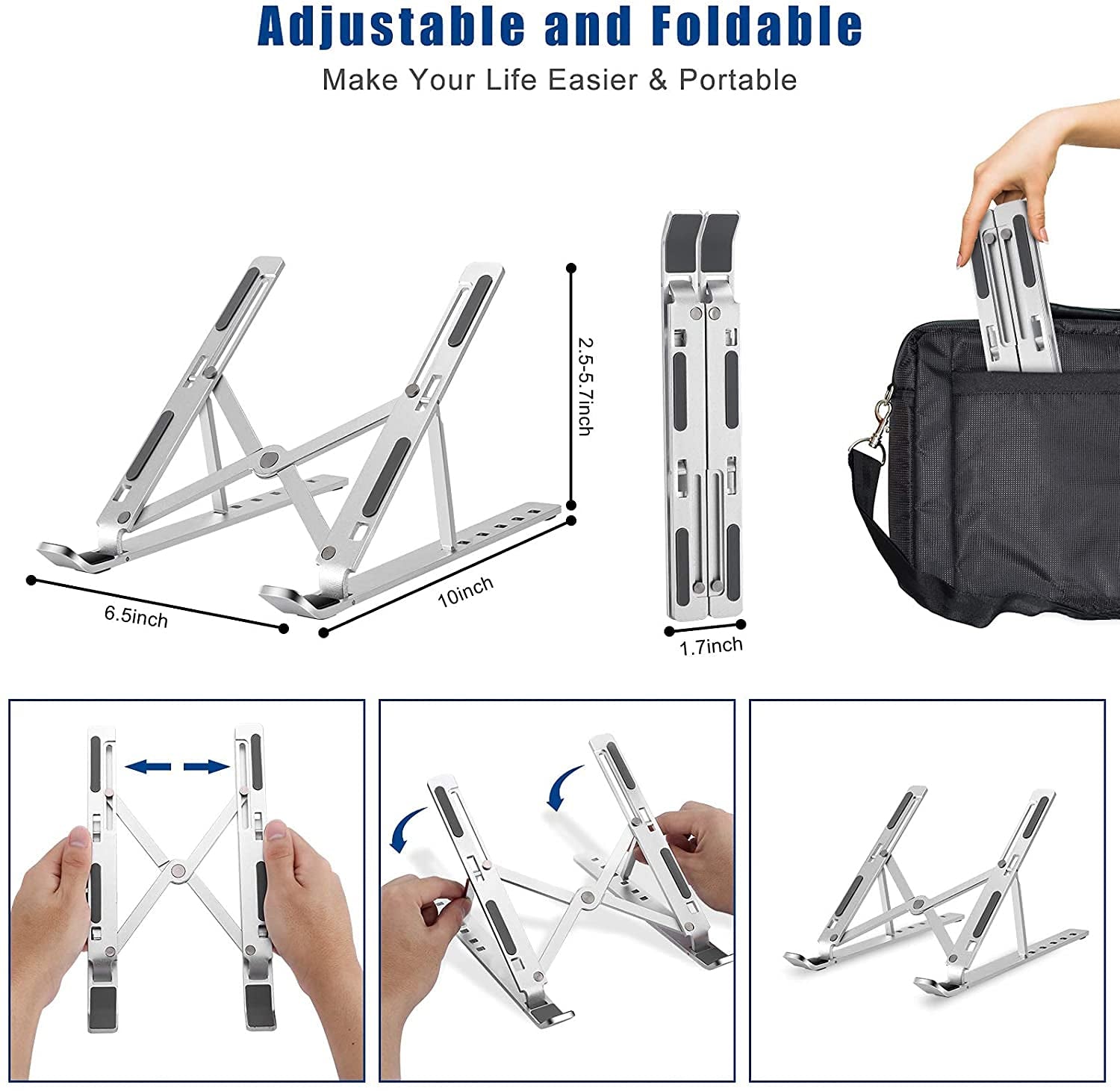 Laptop Stand 6 Angles Adjustable Aluminum Ergonomic Foldable Portable Tabletop Laptop/Desktop Riser Stand Holder Compatible for MacBook, HP, Dell, Lenovo & All Other Notebooks (Silver)