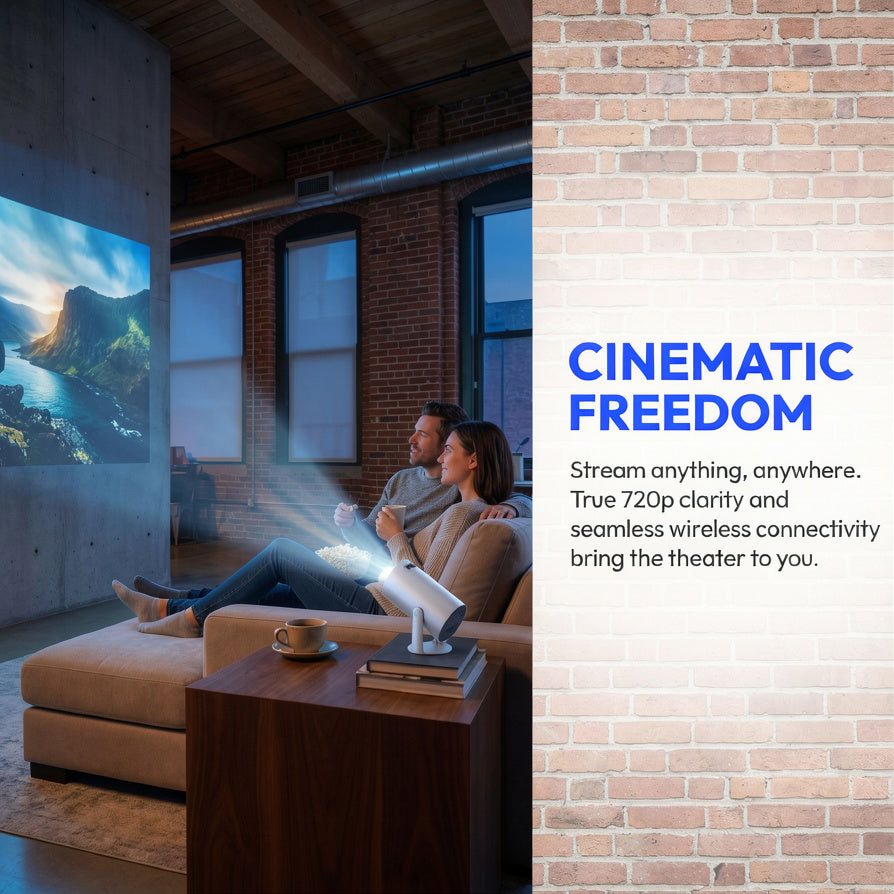 Portable Smart Projector with Native 720P, Supports 1080P Video Decoding, Android 11, 180° Rotatable Stand,  Upto 100-Inch Display, Bluetooth 5.0, Built-in Dual Speakers, Home Theater Projector