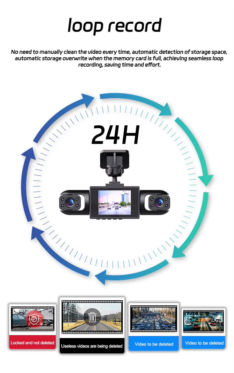 4 Channel 1080P Car Dash Camera with, 4 Camera View, Low Light Recording, 3.0" Display, Loop Recording, Collision Detection, Supports Up to 128GB Class 10 SD Card