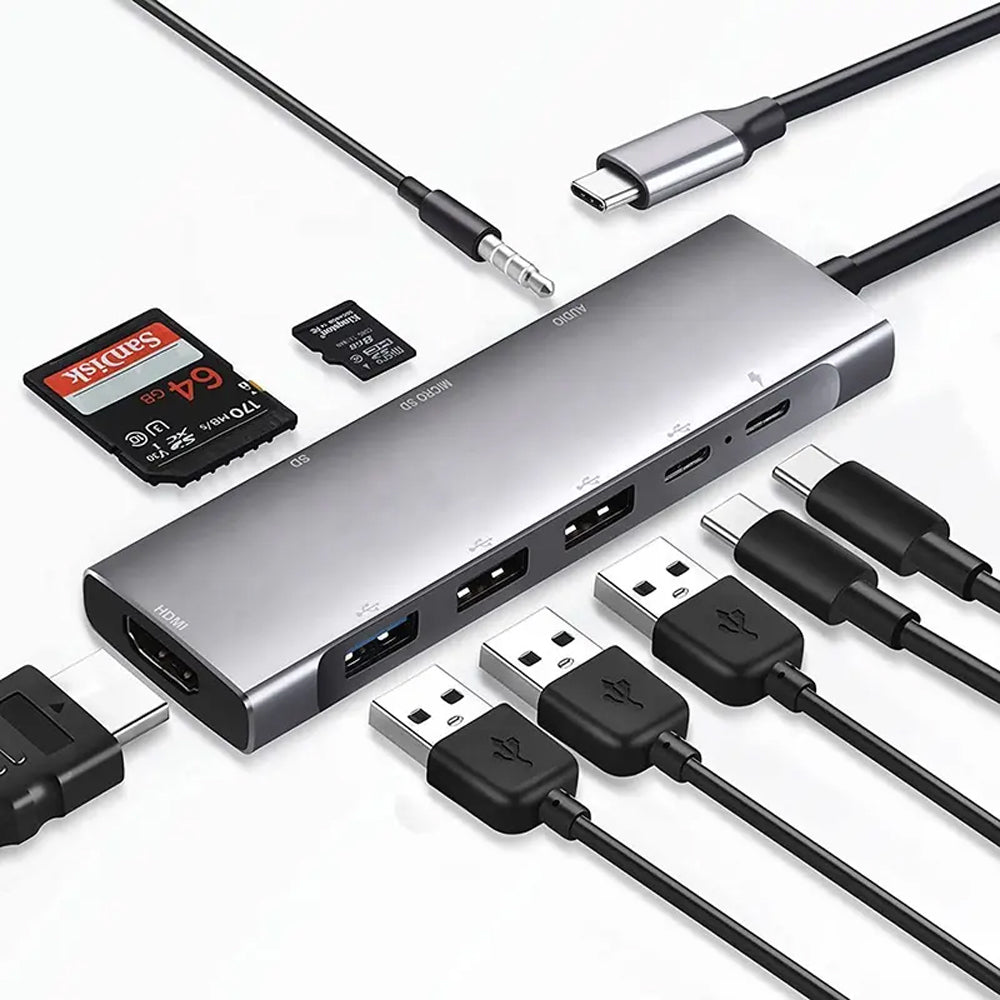 USB-C Hub Dock 9-in-1 Aluminium Type-C Adapter with 4K HDMI, Ethernet 1000mbps Port, 3 USB 3.0, USB-C Power Delivery, 3.5mm Audio only, TF/SD Card Reader, Mac & Windows USB-C Devices