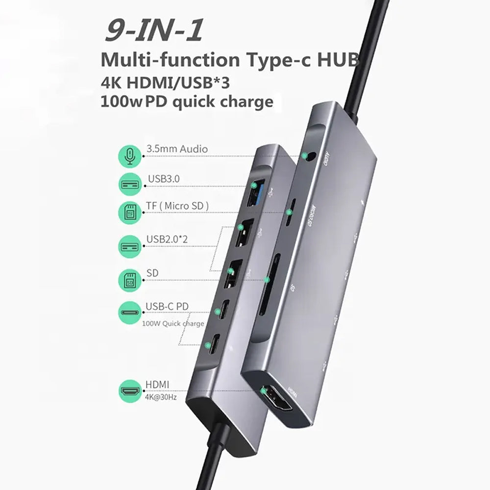 USB-C Hub Dock 9-in-1 Aluminium Type-C Adapter with 4K HDMI, Ethernet 1000mbps Port, 3 USB 3.0, USB-C Power Delivery, 3.5mm Audio only, TF/SD Card Reader, Mac & Windows USB-C Devices