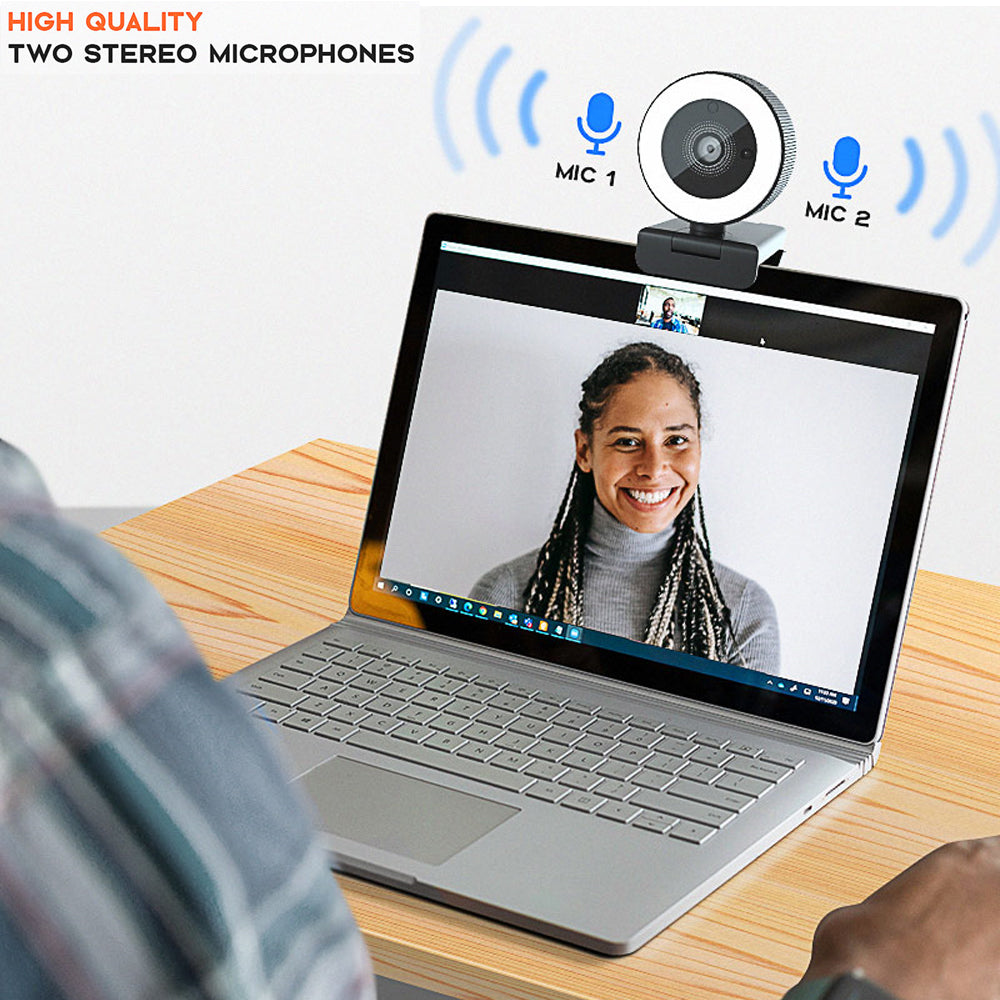Web Camera 2K Ultra HD Lens with Microphone USB Web Cam for Laptop PC with Ring Light and Remote Control, Dual Mic, 8X Digital Zoom, Privacy Cover Web Cameras for Desktop