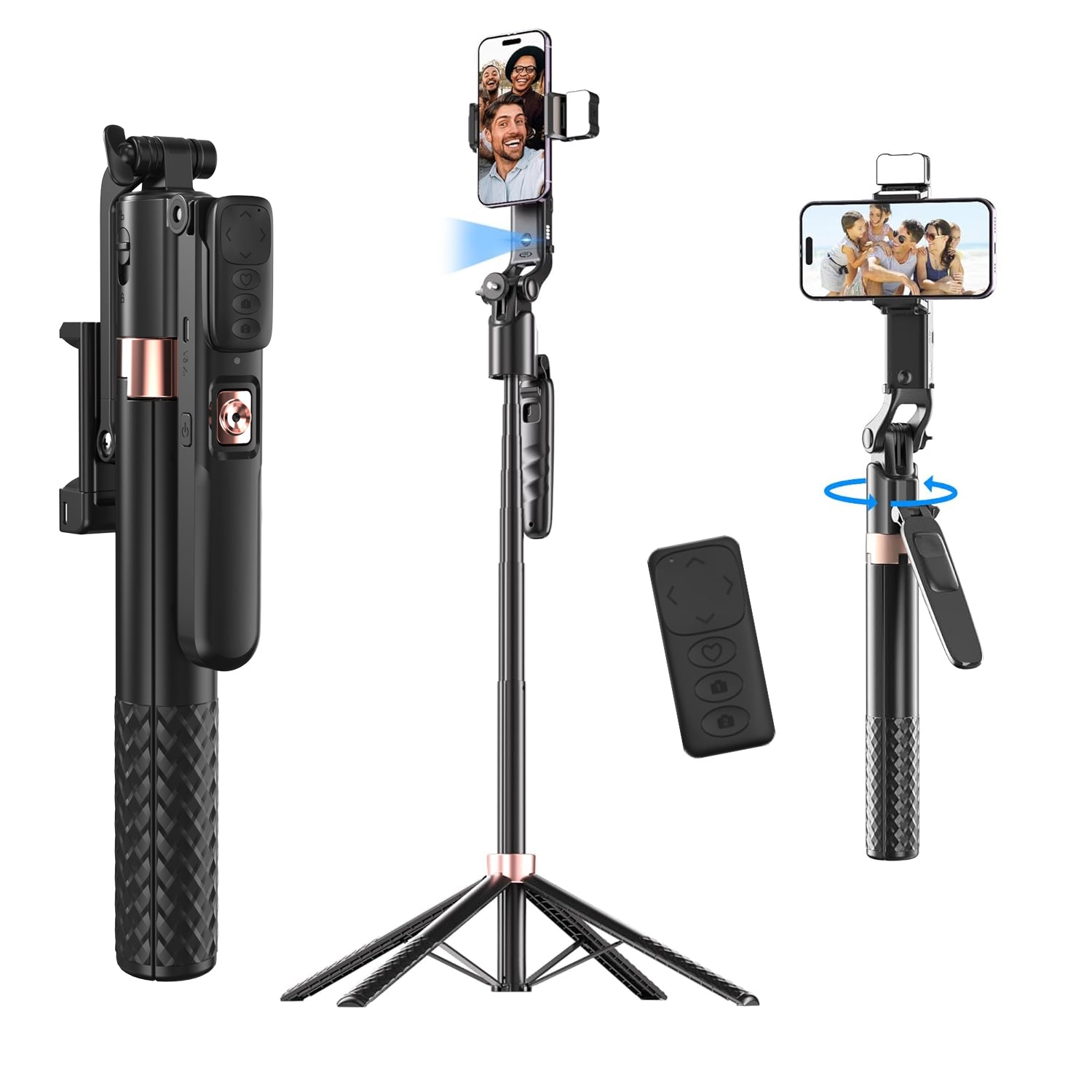 AI-Powered Selfie Stick for Mobile, Auto Face Tracking Tripod with 360° Auto Rotating Selfie Stick, 64-inch/163cm Long Aluminum Extension for Mobile & Camera with Quad-Leg Stability