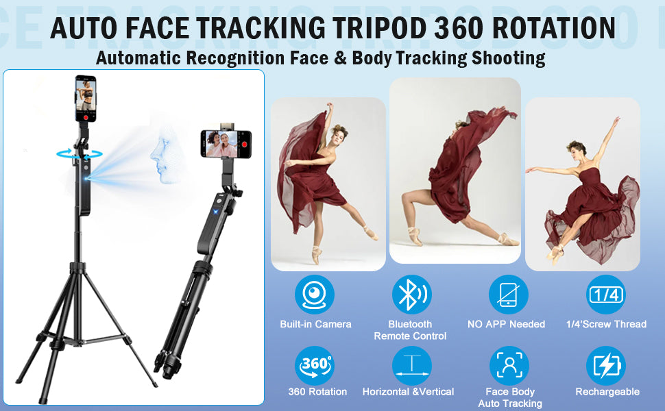AI-Powered Selfie Stick for Mobile, Auto Face Tracking Tripod with 360° Auto Rotating Selfie Stick, 64-inch/163cm Long Aluminum Extension for Mobile & Camera with Quad-Leg Stability