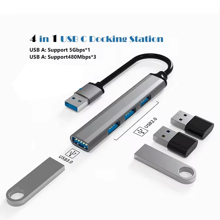 USB Hub 4 in 1, Portable 4 Ports USB Splitter Mini Docking Station with 5Gbps Fast Data Transfer Multi USB Port Hub for Laptop, iMac, MacBook, Surface Pro (Multiport Adapter) - Silver