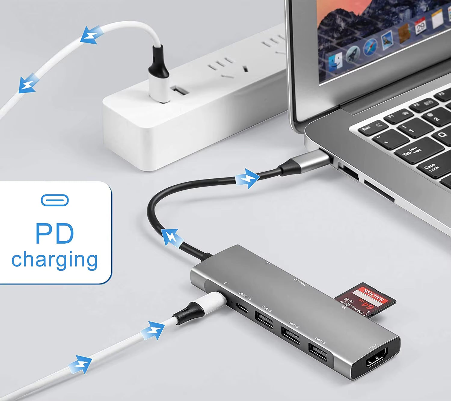 USB-C Hub Dock 9-in-1 Aluminium Type-C Adapter with 4K HDMI, Ethernet 1000mbps Port, 3 USB 3.0, USB-C Power Delivery, 3.5mm Audio only, TF/SD Card Reader, Mac & Windows USB-C Devices