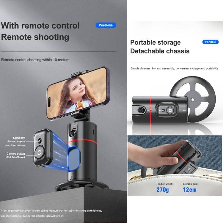 360° Auto Face Tracking Phone Holder with Remote & Gesture Control – Smart Rotating Phone Stand for Video Recording, Reels, Live Streaming & Vlogging (No App Required)