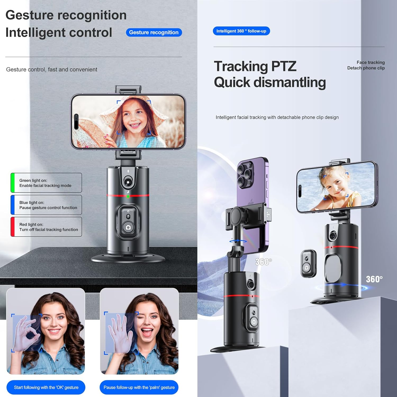 360° Auto Face Tracking Phone Holder with Remote & Gesture Control – Smart Rotating Phone Stand for Video Recording, Reels, Live Streaming & Vlogging (No App Required)