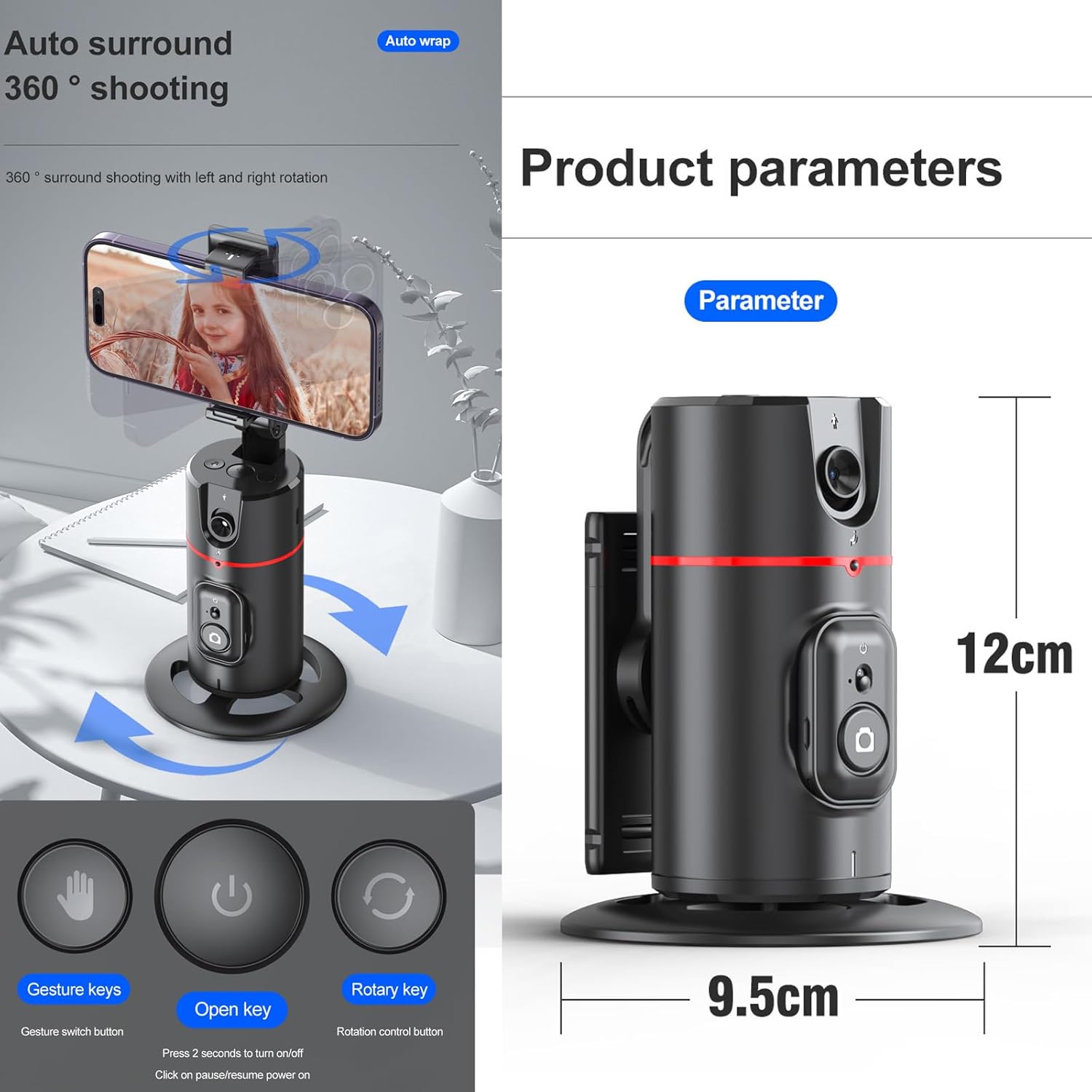 360° Auto Face Tracking Phone Holder with Remote & Gesture Control – Smart Rotating Phone Stand for Video Recording, Reels, Live Streaming & Vlogging (No App Required)