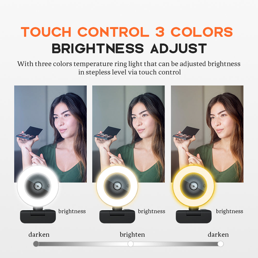 Web Camera 2K Ultra HD Lens with Microphone USB Web Cam for Laptop PC with Ring Light and Remote Control, Dual Mic, 8X Digital Zoom, Privacy Cover Web Cameras for Desktop