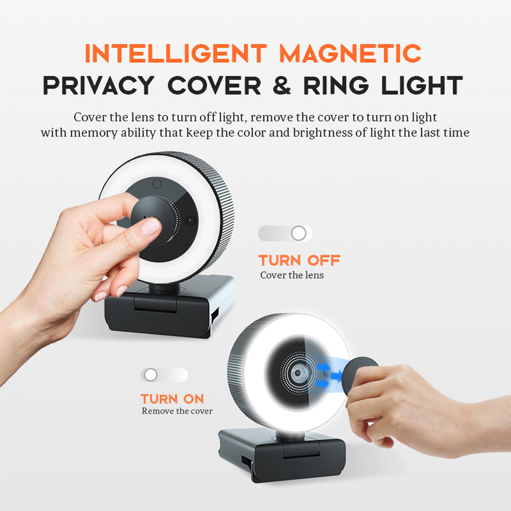 Web Camera 2K Ultra HD Lens with Microphone USB Web Cam for Laptop PC with Ring Light and Remote Control, Dual Mic, 8X Digital Zoom, Privacy Cover Web Cameras for Desktop