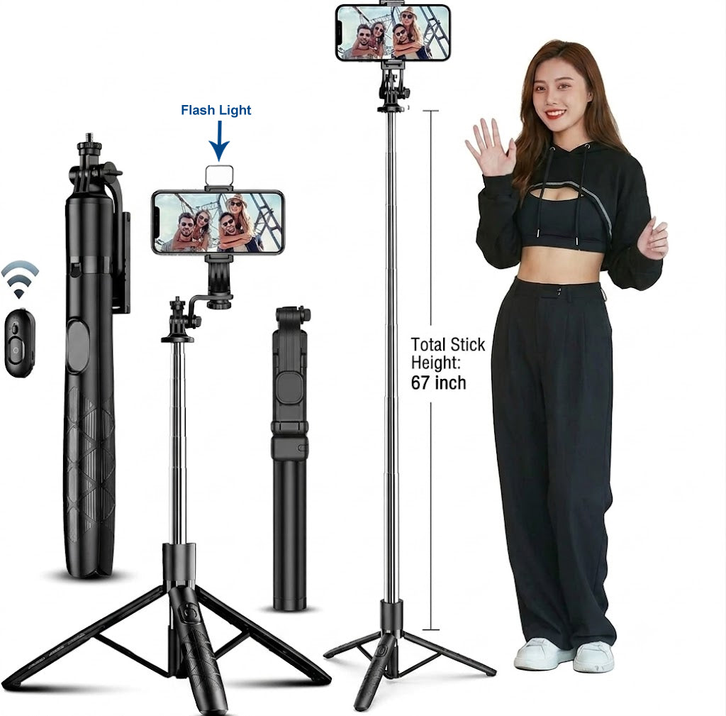 67inch Selfie Stick Tripod Stand with LED Light – 3-in-1 Phone Stand with Bluetooth Remote & Rechargeable Ring Light for Photos, Makeup, Vlogging, and Video Calls (6FT Stick with Light)